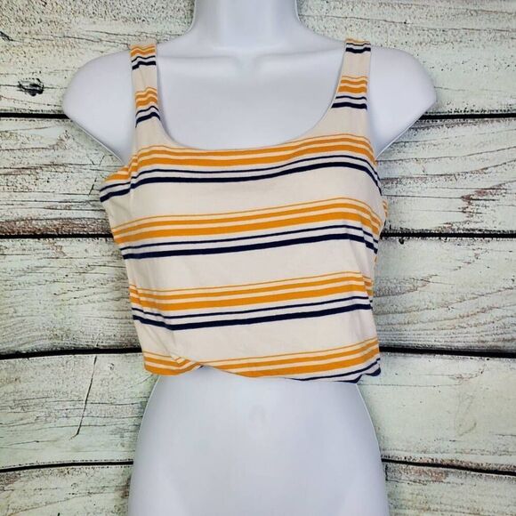Rue21 Women’s Striped Cropped Tank Top Size Large Yellow Blue White Stretch - Picture 2 of 6
